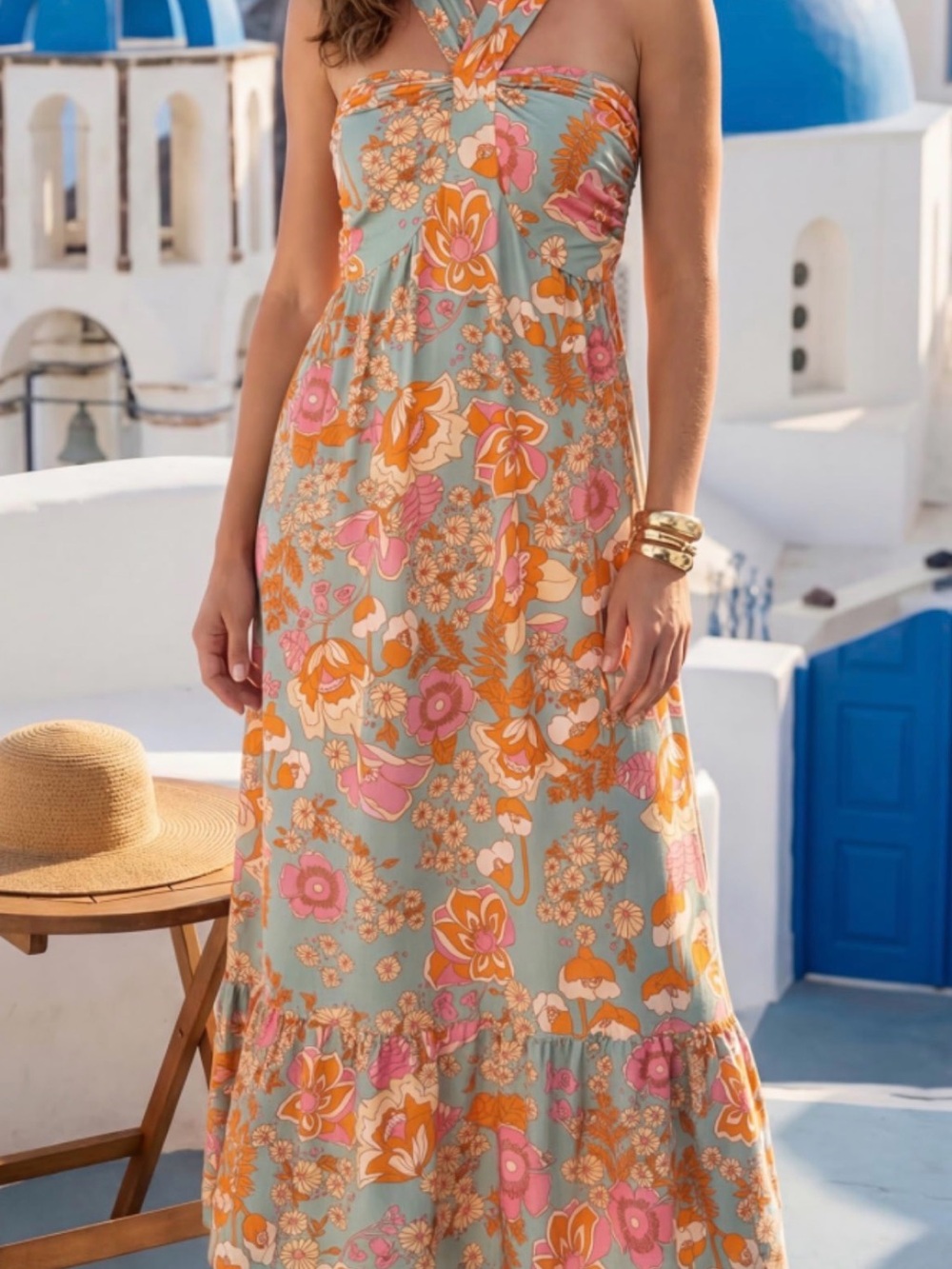 Grace Karin Sage Floral Halter Maxi Dress with Pink & Orange Blooms